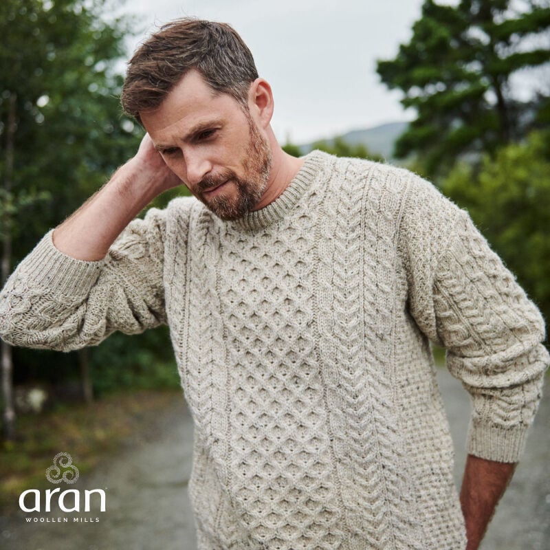 100% Natural Wool Crew Neck Traditional Aran Sweater  Skiddaw Colour